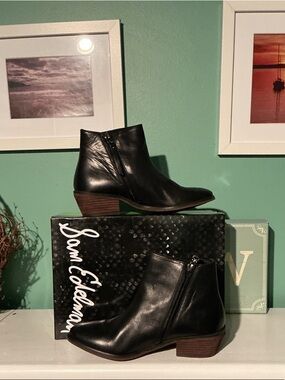 Sam Edelman Pama Black Leather Ankle Booties with Stacked Heel